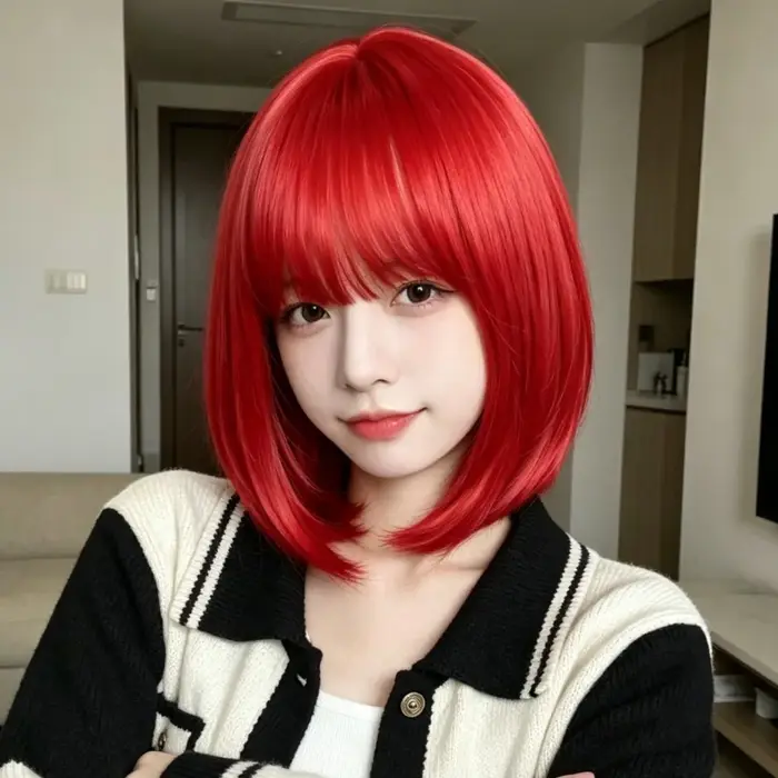 Perruque bob rouge, cheveux synthétiques