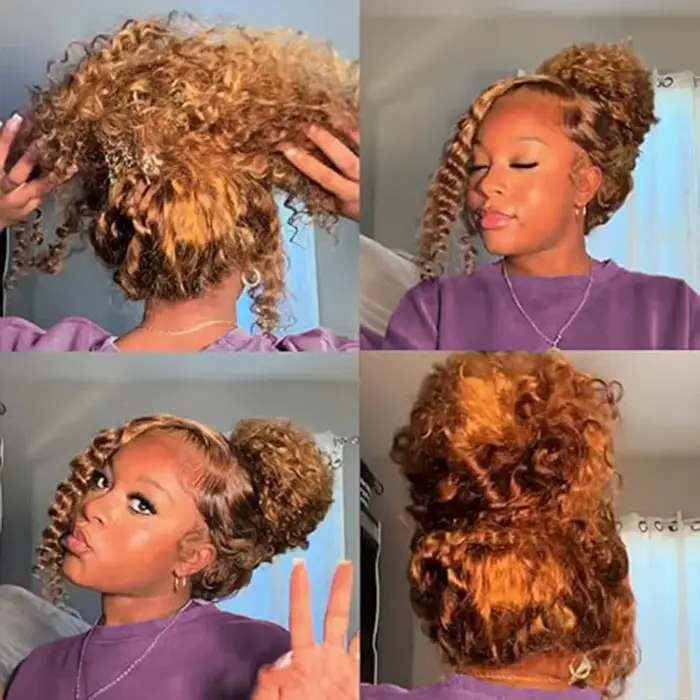 Perruque bouclée 4/27 en cheveux humains, pré-épilée, perruque frontale 360 Full Lace HD en cheveux 