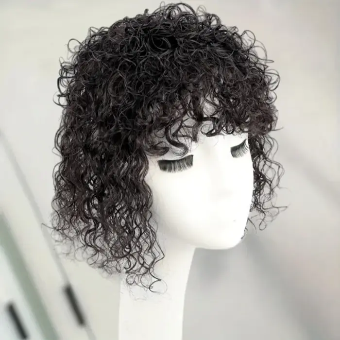 13x14CM cheveux humains bouclés Topper avec frange sans couture moelleux court