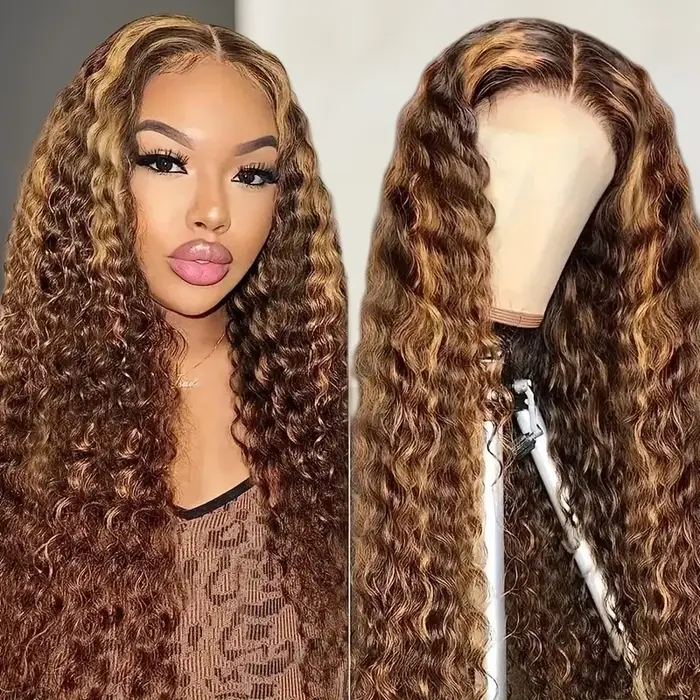 Perruque Deep Wave, raie au milieu, cheveux synthétiques tissés à la machine, pour femmes