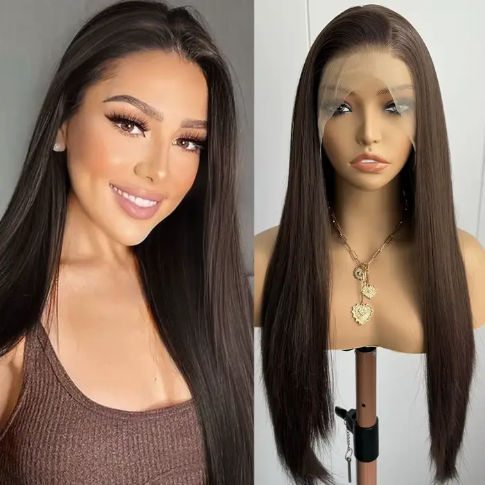 Perruque Lace Front Wig synthétique brune longue et lisse pour femmes, cheveux bruns, brun chocolat 