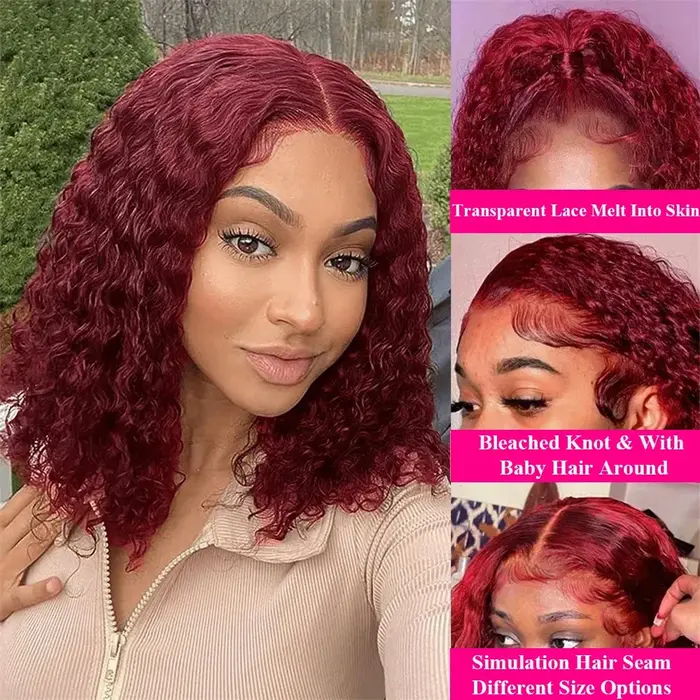 Perruque Lace Frontale 13x4 Courte Bob Bouclée Kinky Pré-Pluckée 99J Deep Wave Cheveux Humains Bourgogne Perruques