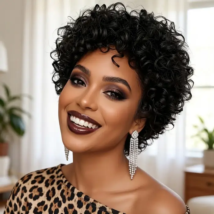 Perruque courte bouclée en cheveux humains pour femmes