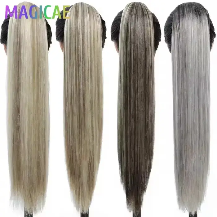 28 pouces queue de cheval droite Blonde 27/613 Extensions de cheveux avec Clips Ombre brun cordon coloré Bio haute température synthétique
