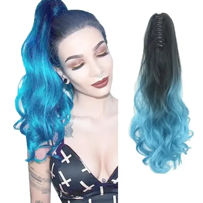 Soowee synthétique bouclés Ombre bleu griffe queue de cheval pince dans l'extension de cheveux