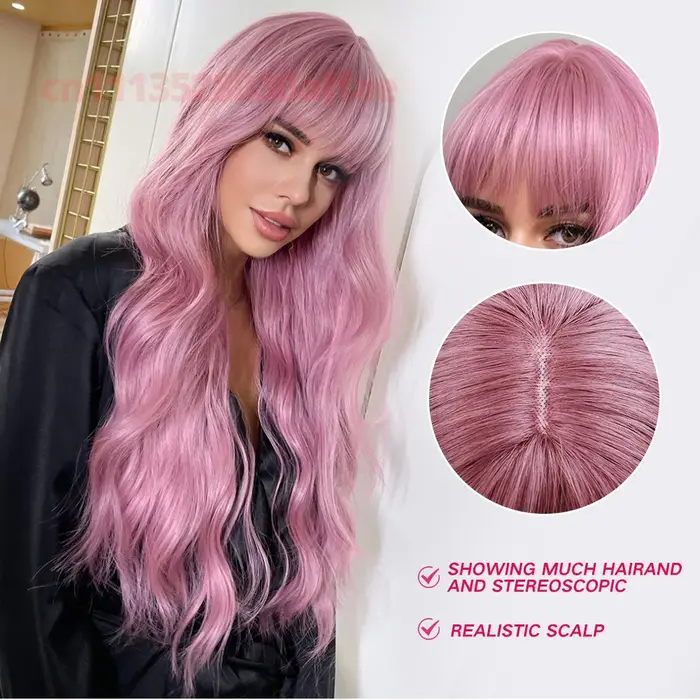 Perruque synthétique longue rose bouclée ondulée tendance avec frange