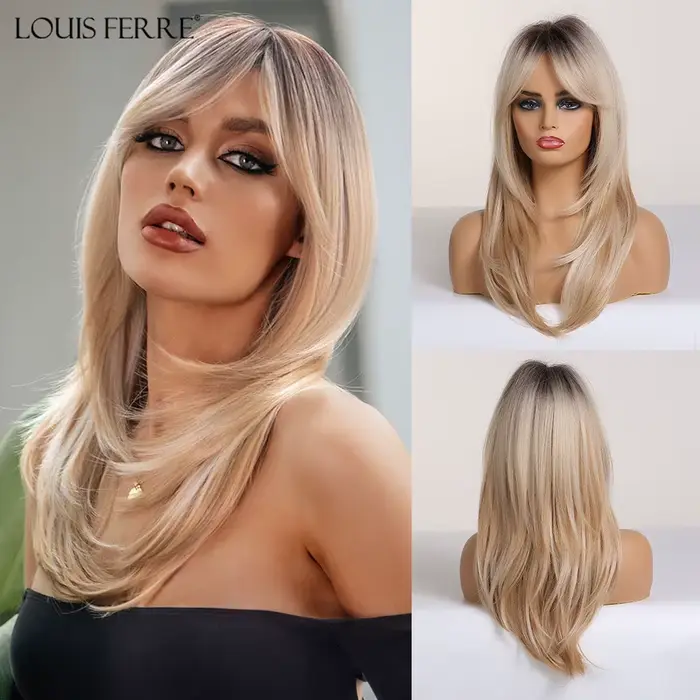 Modiis Ferre-Perruques synthétiques longues ondulées avec frange pour femmes noires, Ombre, Noir, Ma