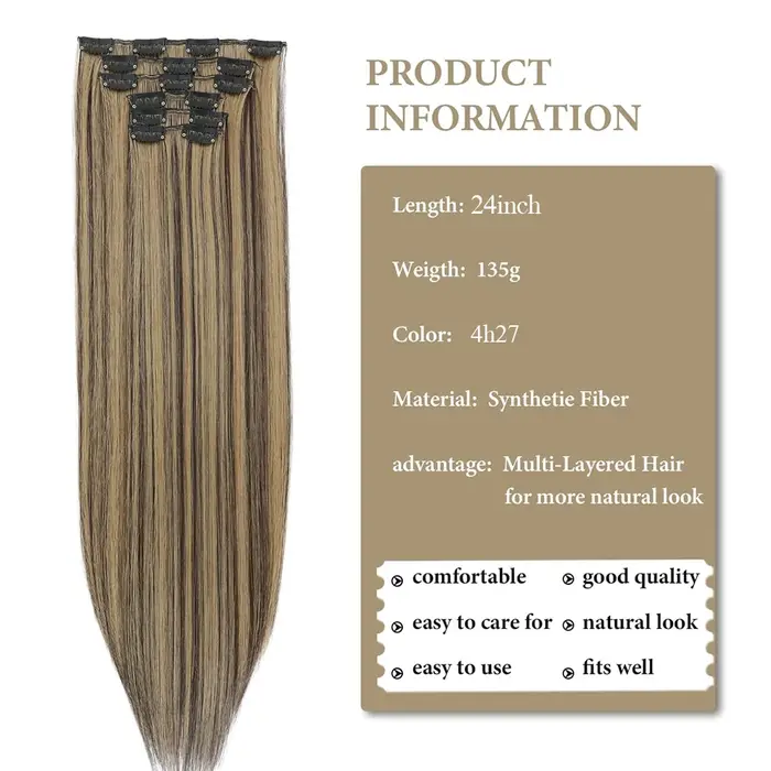Extensions de cheveux synthétiques à clipser, mèches blondes longues et lisses, postiches complètes épaisses pour femmes et filles, lot de 6 pièces