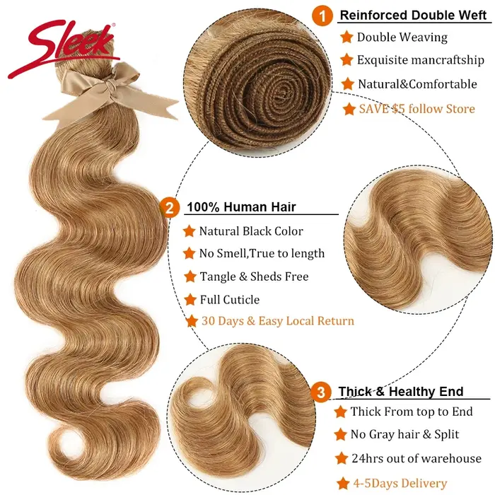 Mèches brésiliennes naturelles Remy Body Wave, élégantes, blond miel, 27 couleurs, 8 à 26 pouces, Ex