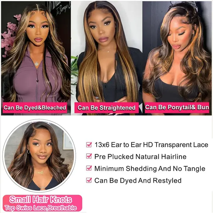 Perruque Lace Front Wig Body Wave Naturelle à Reflets Ombré 1B/30, 13x6, 13x4, Transparente, pour Fe