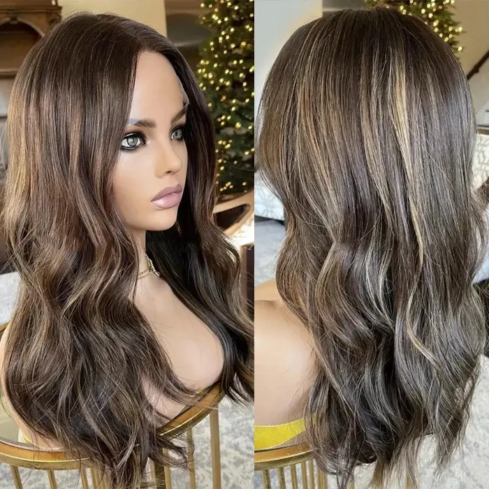 Perruque de couleur brune foncée avec reflets 13x4 Frontal HD mélange de dentelle cheveux humains na