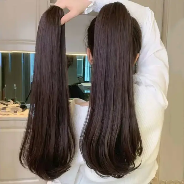 Extensions capillaires synthétiques longues et lisses de 16 pouces/20 pouces, postiche noire pour fe