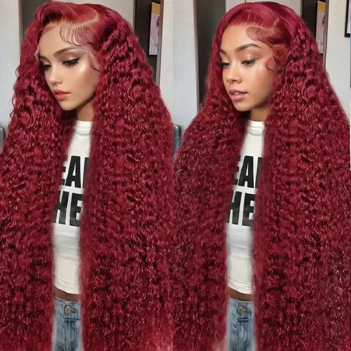 Perruques Lace Frontal 13x6 Deep Curly Wave Bourgogne 99J, Densité 200, Perruque Full Lace Front HD 