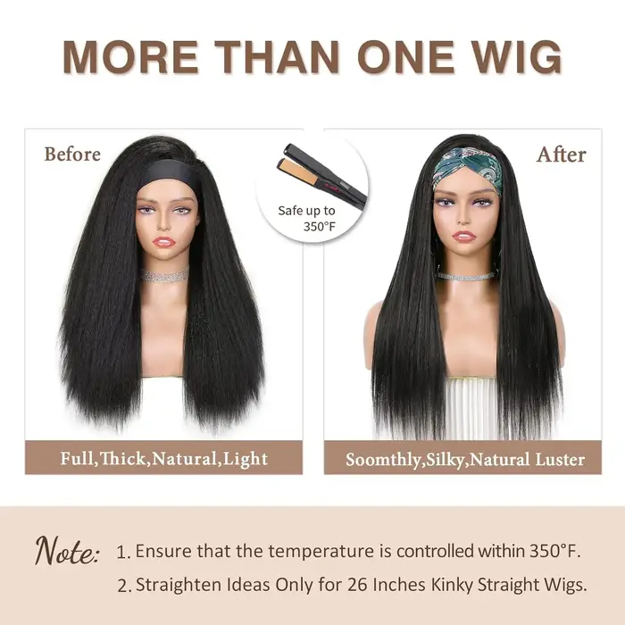 Perruque synthétique Yaki lisse et crépue pour femmes, perruque avec bandeau noir, facile à coiffer, sans dentelle frontale, sans colle
