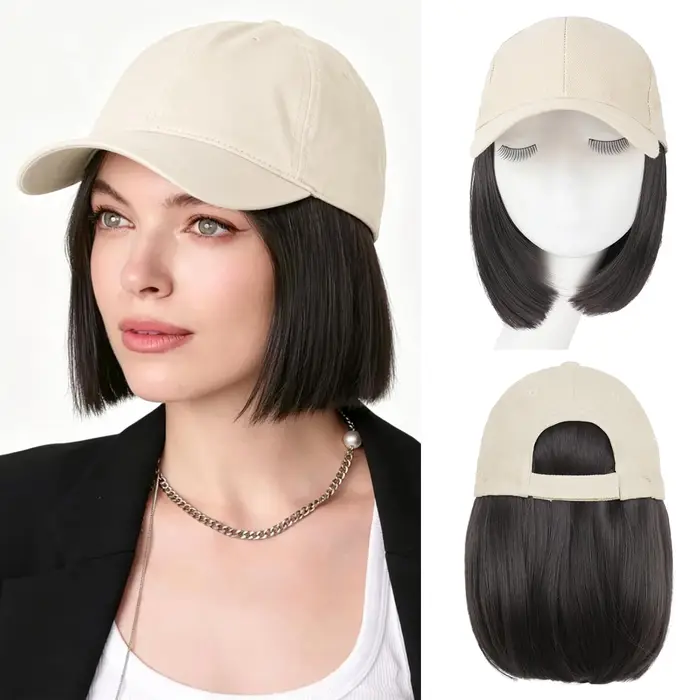 Casquette de baseball avec extensions de cheveux pour femmes, coiffure courte et droite, chapeau ave