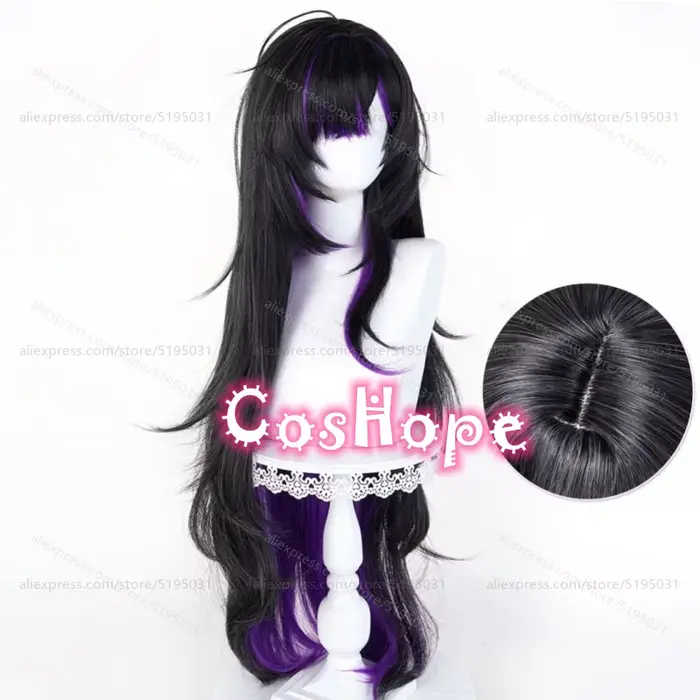 Perruque de cosplay Nikke Label, 100 cm de long, noire et violette mélangée, perruque synthétique ré