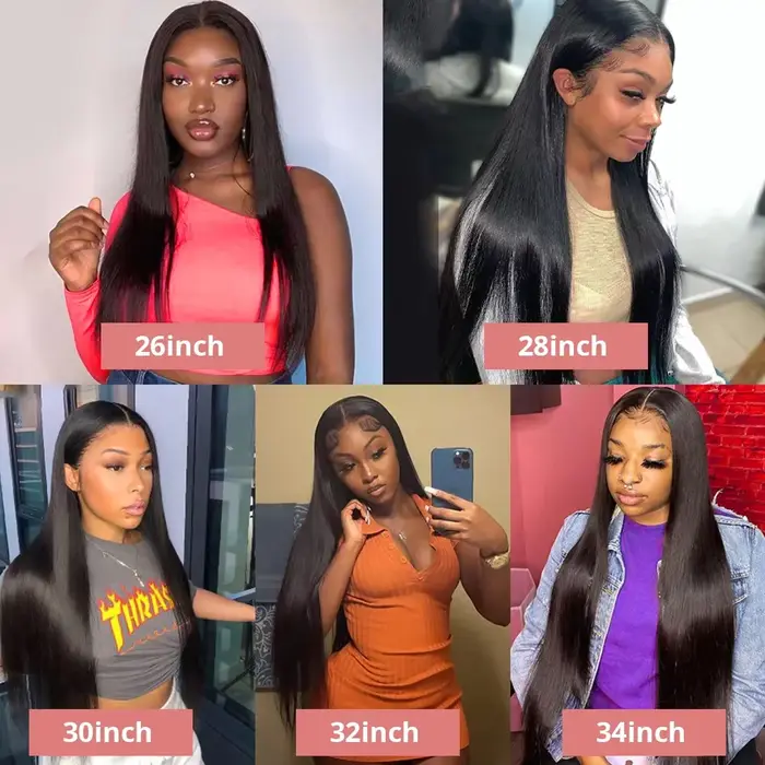 Perruques de cheveux humains brésiliens lisses et transparents de 30 à 32 pouces, densité 200, avec 