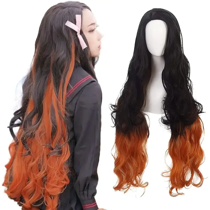 Perruques Kamado Nezuko 2026 pour costumes, perruques synthétiques orange mélangé noir longues et bo