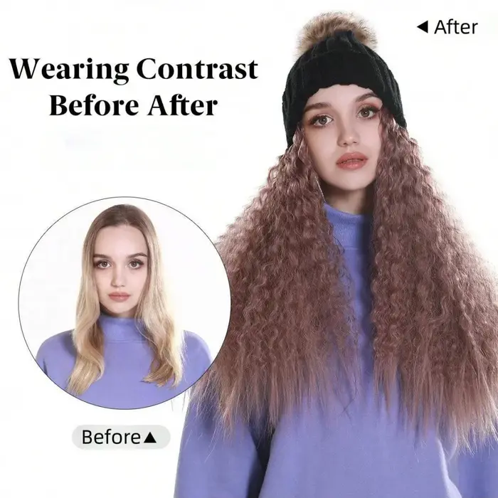 Bonnet sans visière avec extensions de cheveux longs bouclés ondulés