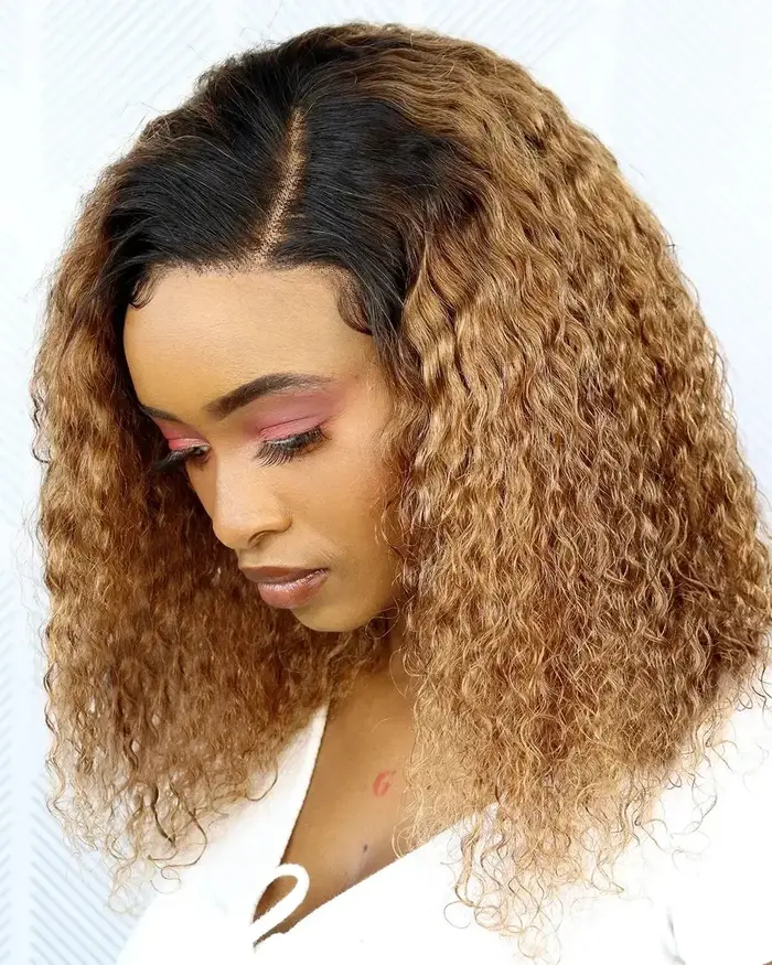 HairUGo-Perruque BOB à fermeture en dentelle pour femme, cheveux humains crépus bouclés, brun ombré,