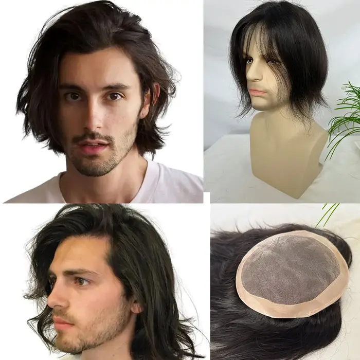 Perruque indienne en cheveux humains pour hommes, lisse, mono lace avec PU 6x8 pouces, couleur natur