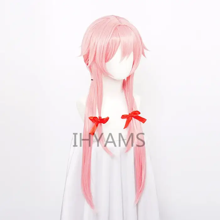 The Future Diary – perruque de Cosplay synthétique Yuno Gasai, longue et lisse, rose, avec ruban rouge et bonnet