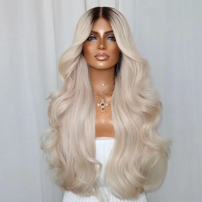 Nouvelle perruque synthétique Lace Front blonde blanche, ondulée, 13*4, en fibre résistante à la cha