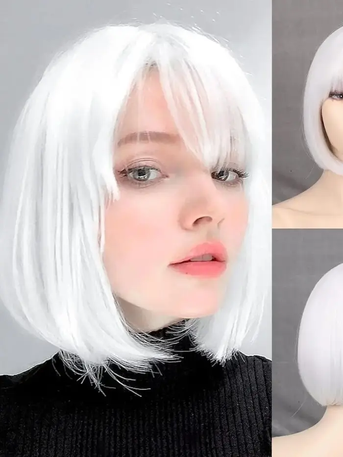 hort Perruque Bob avec frange – Cheveux en fibres synthétiques naturelles pour un usage quotidien, l