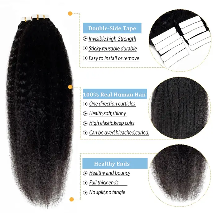 Bande dans les Extensions de cheveux humains crépus droits Extensions adhésives de cheveux brésilien