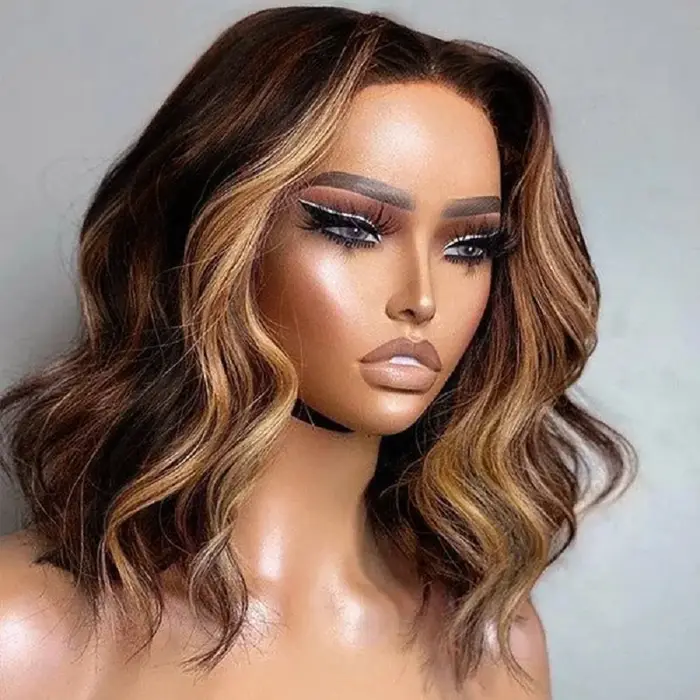 Perruque Brésilienne Naturelle avec Cheveux Vierges, Courts, Bob, Densité 200, Balayage, Vague de Co
