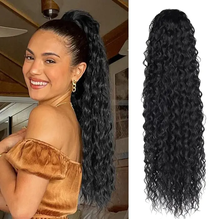 Extensions de queue de cheval bouclées Deep Wave, 100% cheveux humains brésiliens, noir naturel, 100