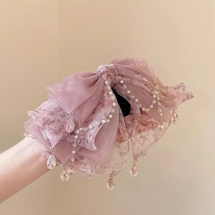 Pince à cheveux avec pompon en cristal bordeaux – Design floral aquarelle avec grand nœud
