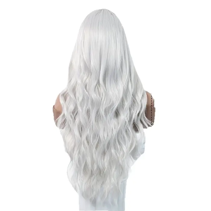 Perruque synthétique longue bouclée ondulée blanche argentée