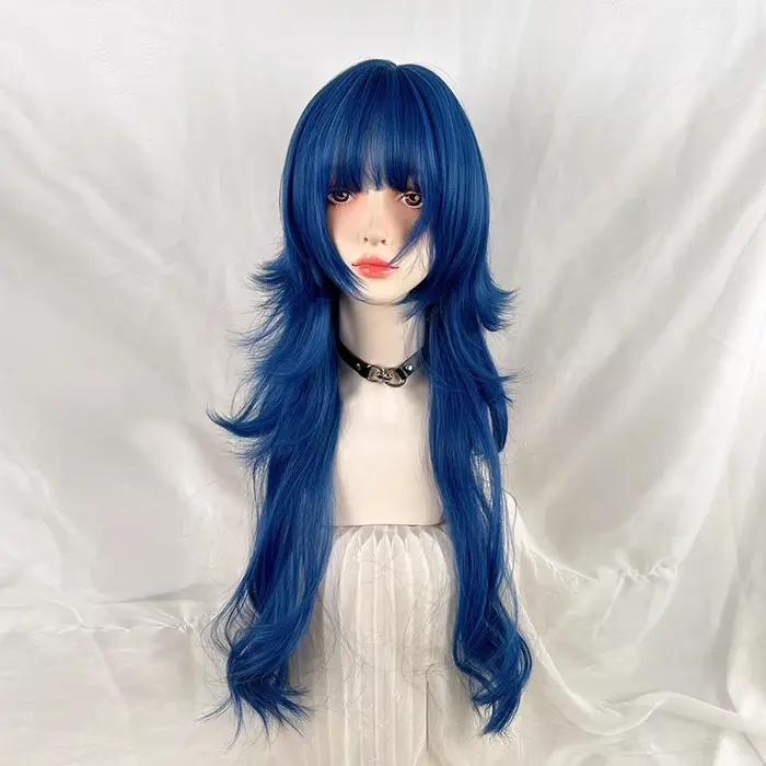 Perruque synthétique longue ondulée bleue avec tête de méduse