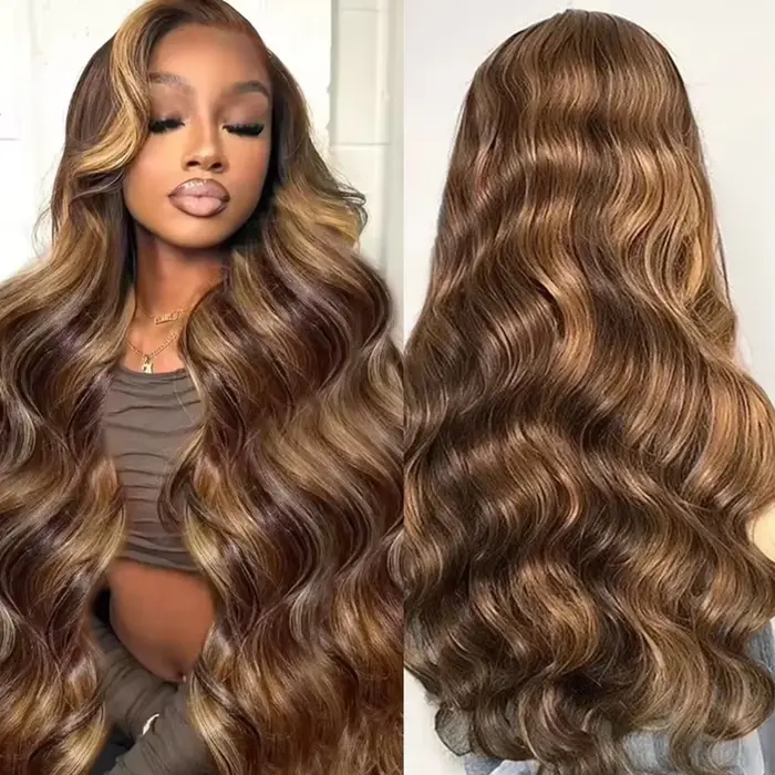 Perruque Highlight en Cheveux Humains Naturels P4/27 Blond Miel, Perruques Lace Front 13x6 en Cheveu