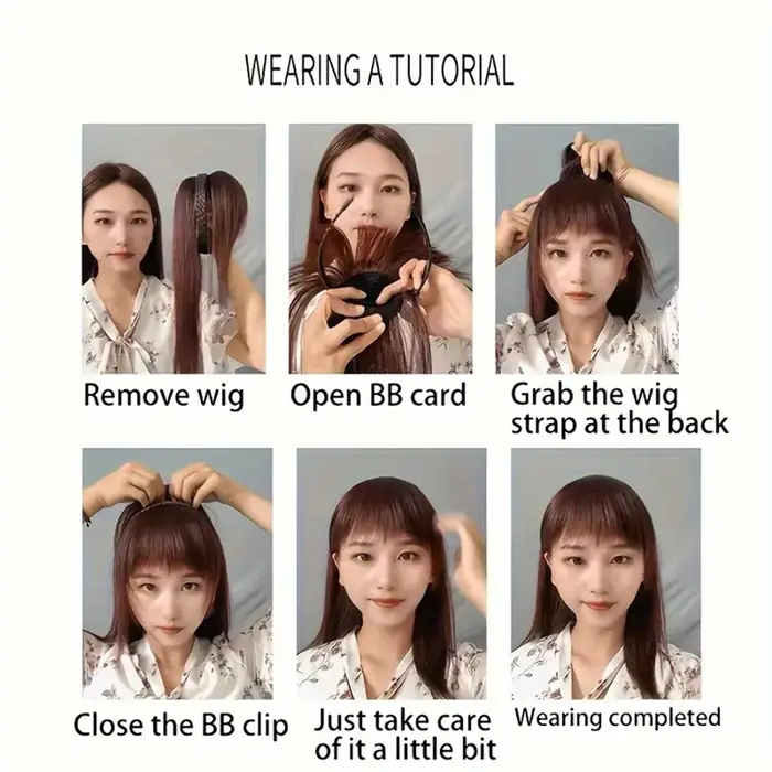 Extensions de cheveux synthétiques lisses effet naturel - Bandeau tressé chic avec postiche à clipser et frange pour femme