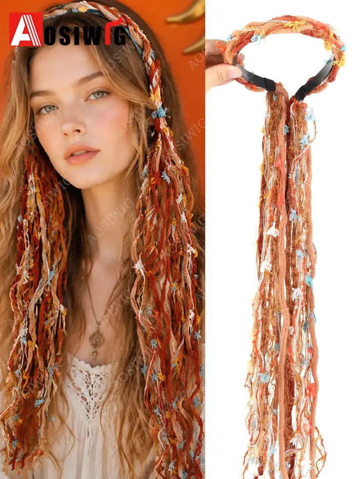 Extensions de cheveux synthétiques tressées à pampilles style bohème, couleur Maillard vintage, avec bandeau, pour femmes, accessoires capillaires pour festivals et vacances