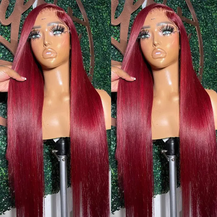 Perruque Lace Front Wig sans colle naturelle, cheveux lisses, rouge bordeaux 99J, 13x6, 13x4 HD, 30
