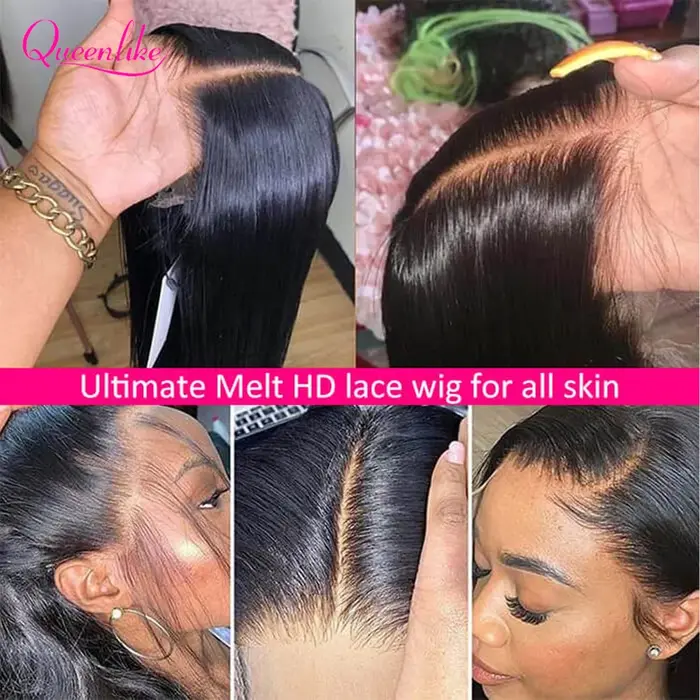Queenlike 26 pouces 13x6 HD dentelle frontale perruques de cheveux humains droite Remy cheveux front
