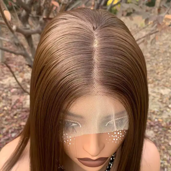 Perruque Bob Lace Front Wig synthétique sans colle marron clair 13x4