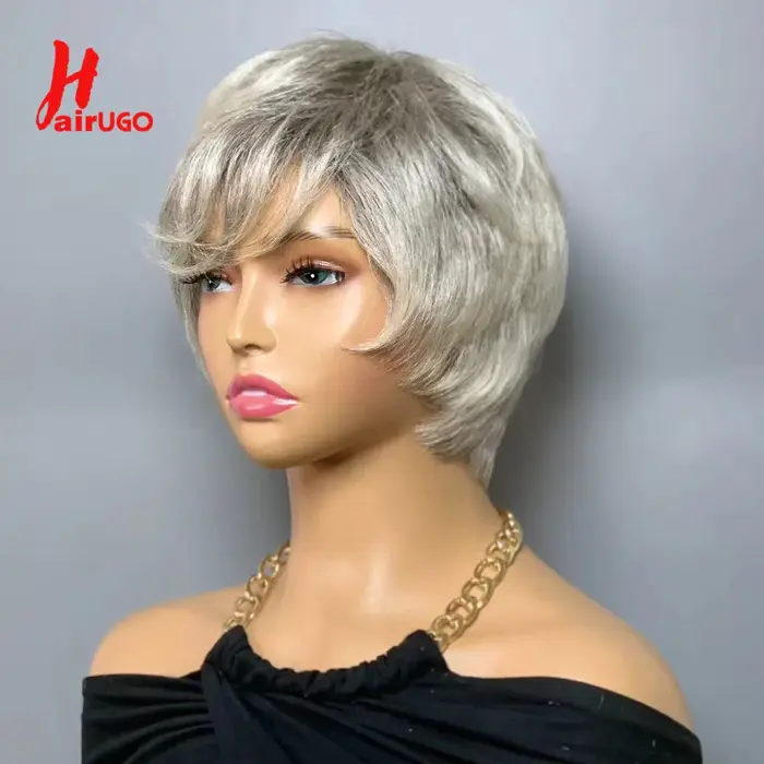 Hairugo-Perruques de cheveux humains sans colle avec frange