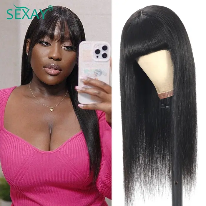 Faux cuir chevelu Bang perruques perruque de cheveux humains péruvien soyeux cheveux raides Sexay 32