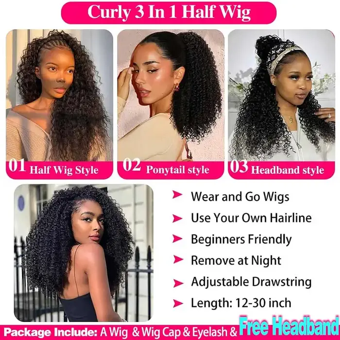 Demi-perruque cheveux humains crépus bouclés 3 en 1 perruque