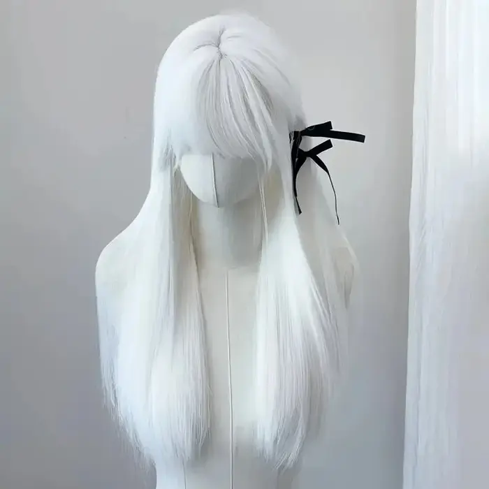Perruque longue droite à l'air blanc pur pour femmes, cheveux simulés, peau à la mode, utilisation u
