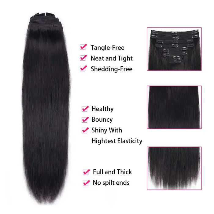 Extensions de cheveux naturels à clipser, 120g, lot de 8 pièces, cheveux vierges 100% humains, noir naturel