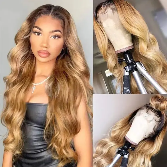 Perruque Lace Frontal Wig Body Wave naturelle, cheveux blond miel ombré, 13x4, 4x4, 180%, pour femme