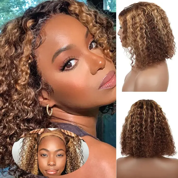 4/27 mettre en évidence la couleur bouclés Bob perruque cheveux humains vague profonde 200% densité