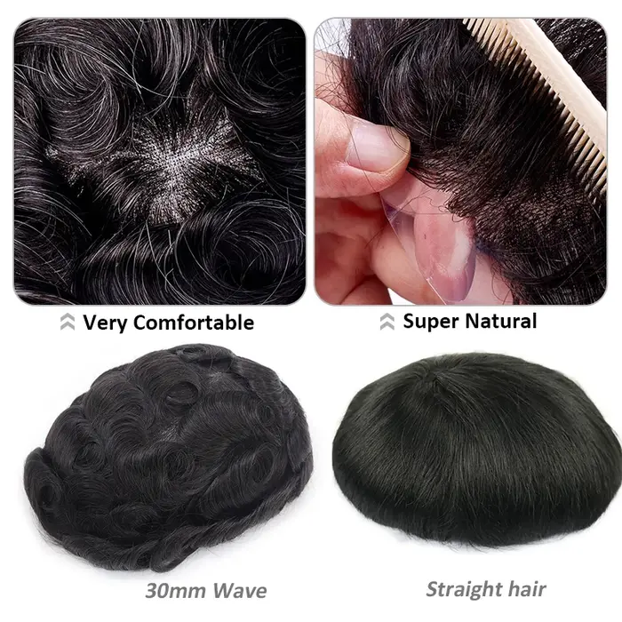 Nouveaux hommes toupet avec noeuds pleine PU 0.12-0.14 cm perruque de cheveux humains indien système