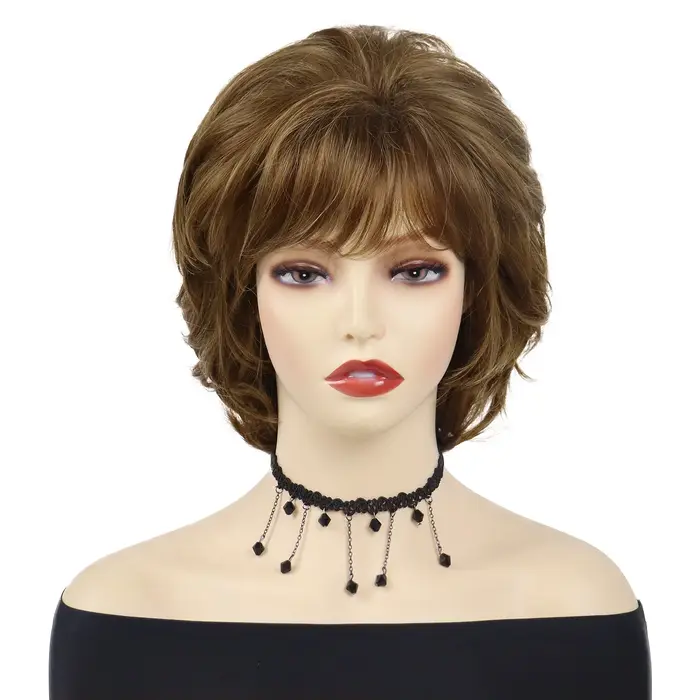 GNIMEGIL perruques synthétiques pour femmes perruque courte bouclée naturelle avec frange brun mélange