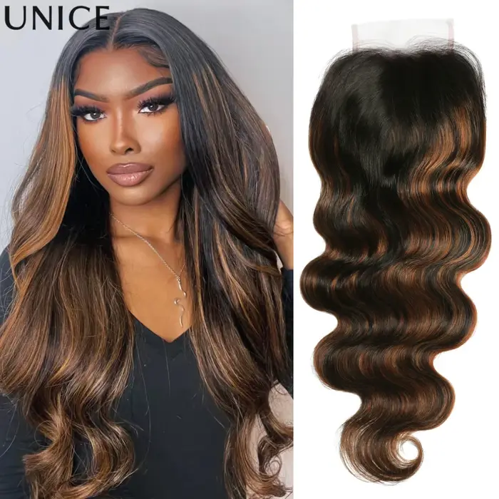 UNice Ombre Brown Highlights Body Wave 4x4 Lace Closure 1PC 100% Cheveux Humains Closure Free Part